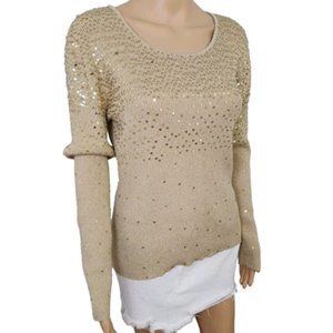 One 1 Again Blouse Women's Top Size XL Sequin Gold Long Sleeve Rib knit